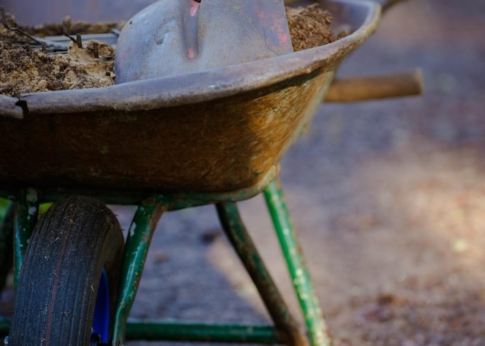 garden, gardening, wheelbarrow, plants, shovel, nature, potting soil